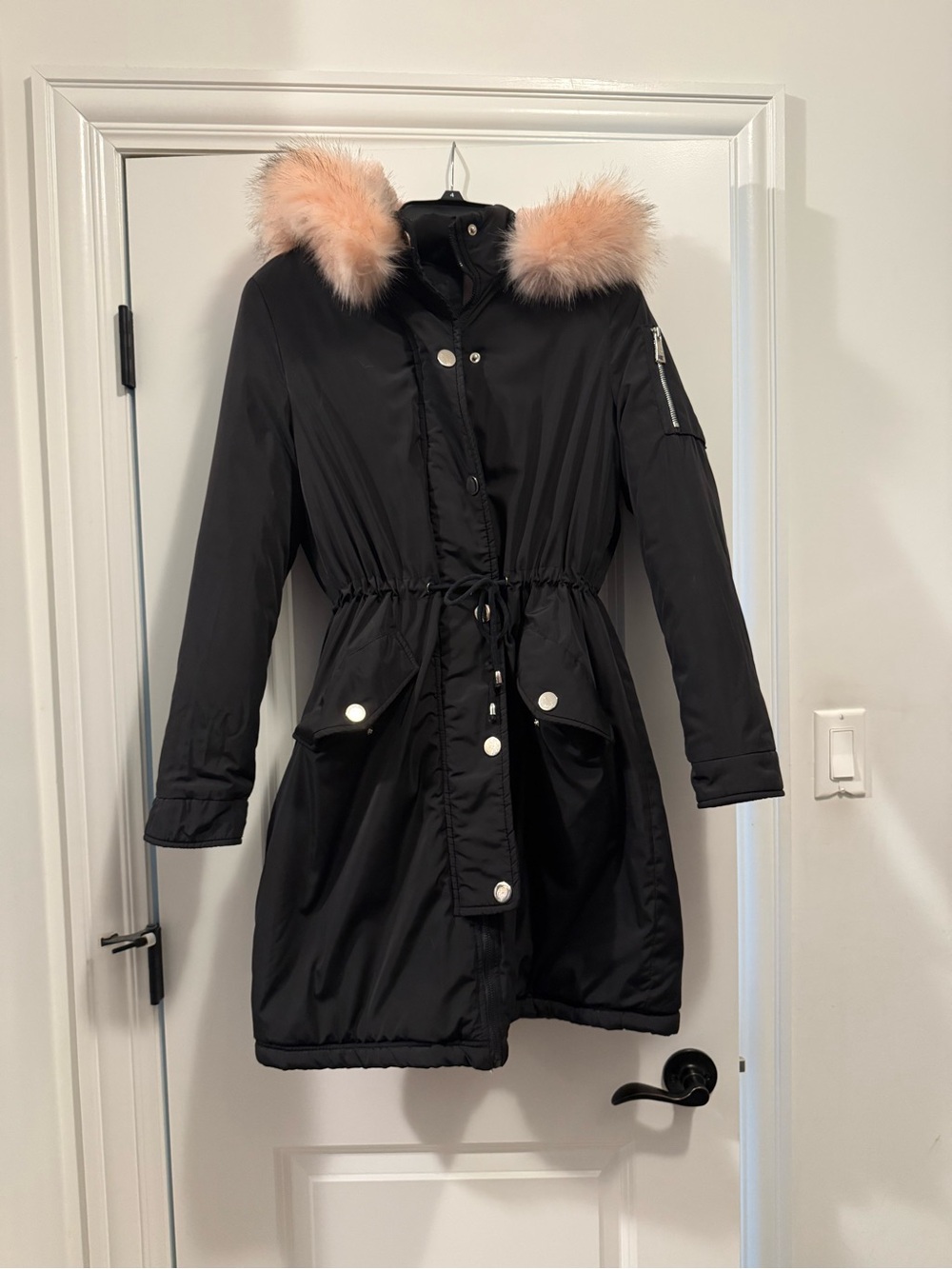 Timing Black Puffer Parka with Pink Faux-Fur Hood Trim